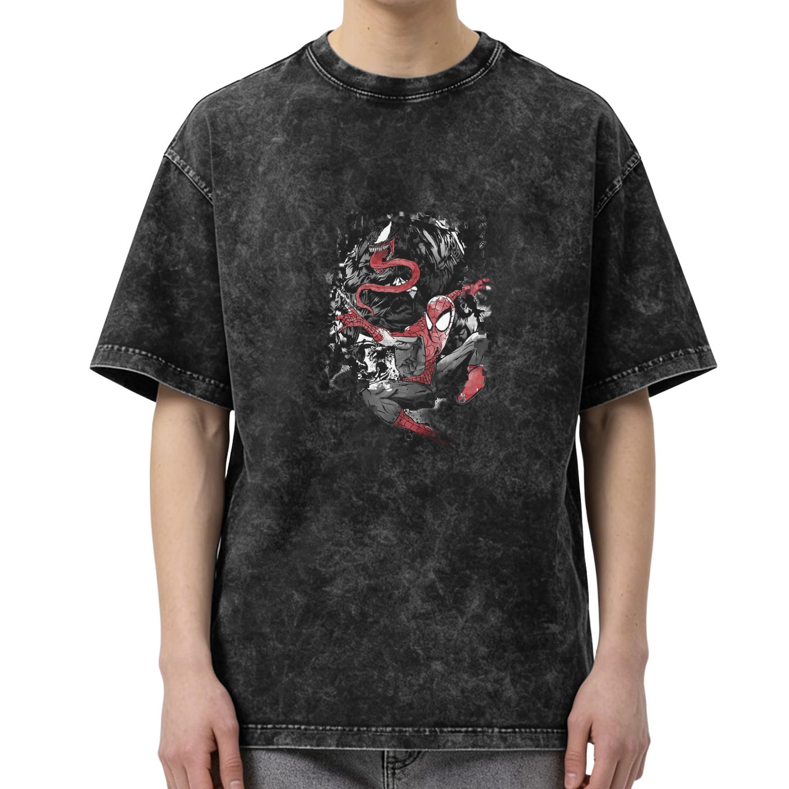 Washed Black Oversized T-Shirt with Spider-Man Graphic Print