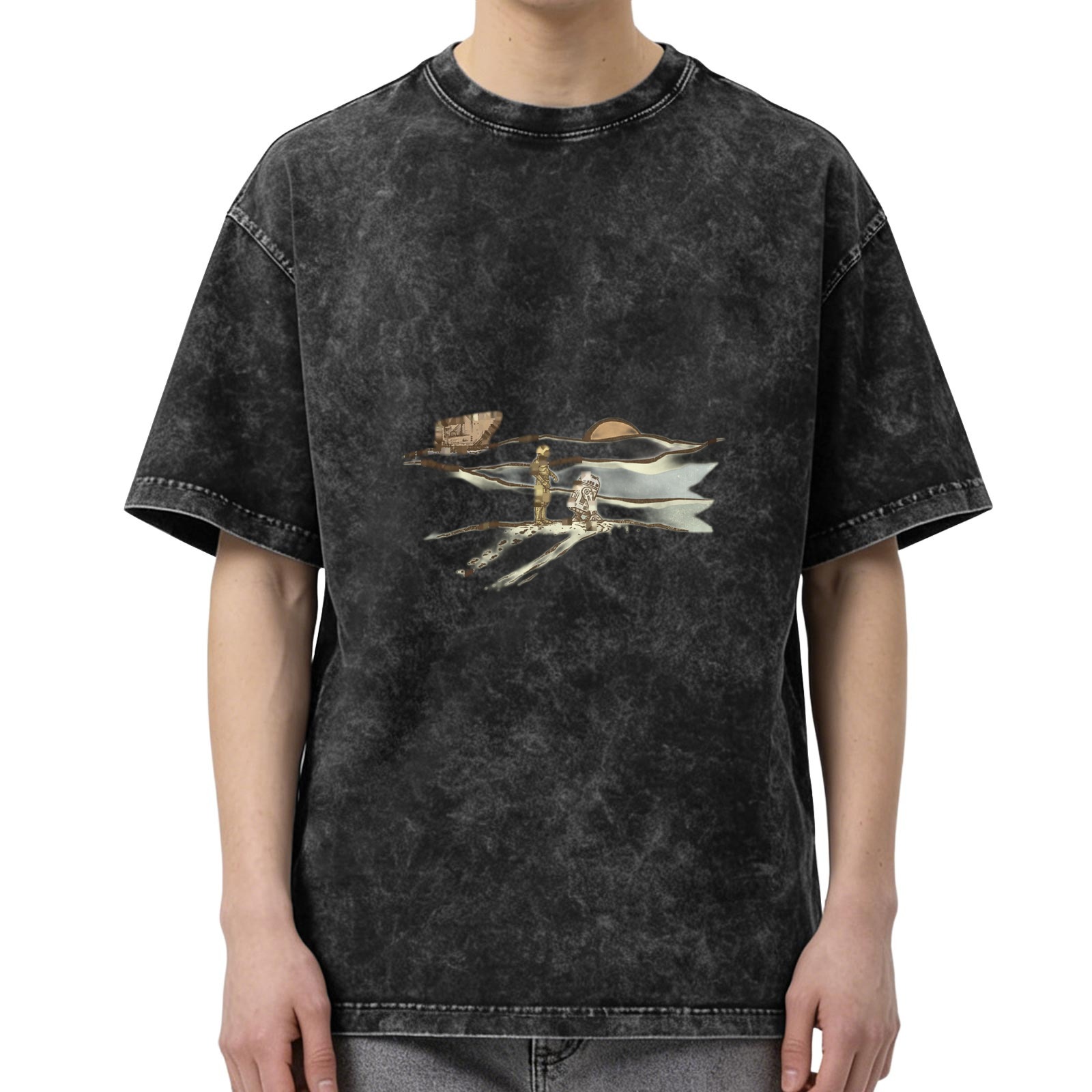 Oversized Acid-Wash Black Graphic T-Shirt with Astronaut & Landscape Print
