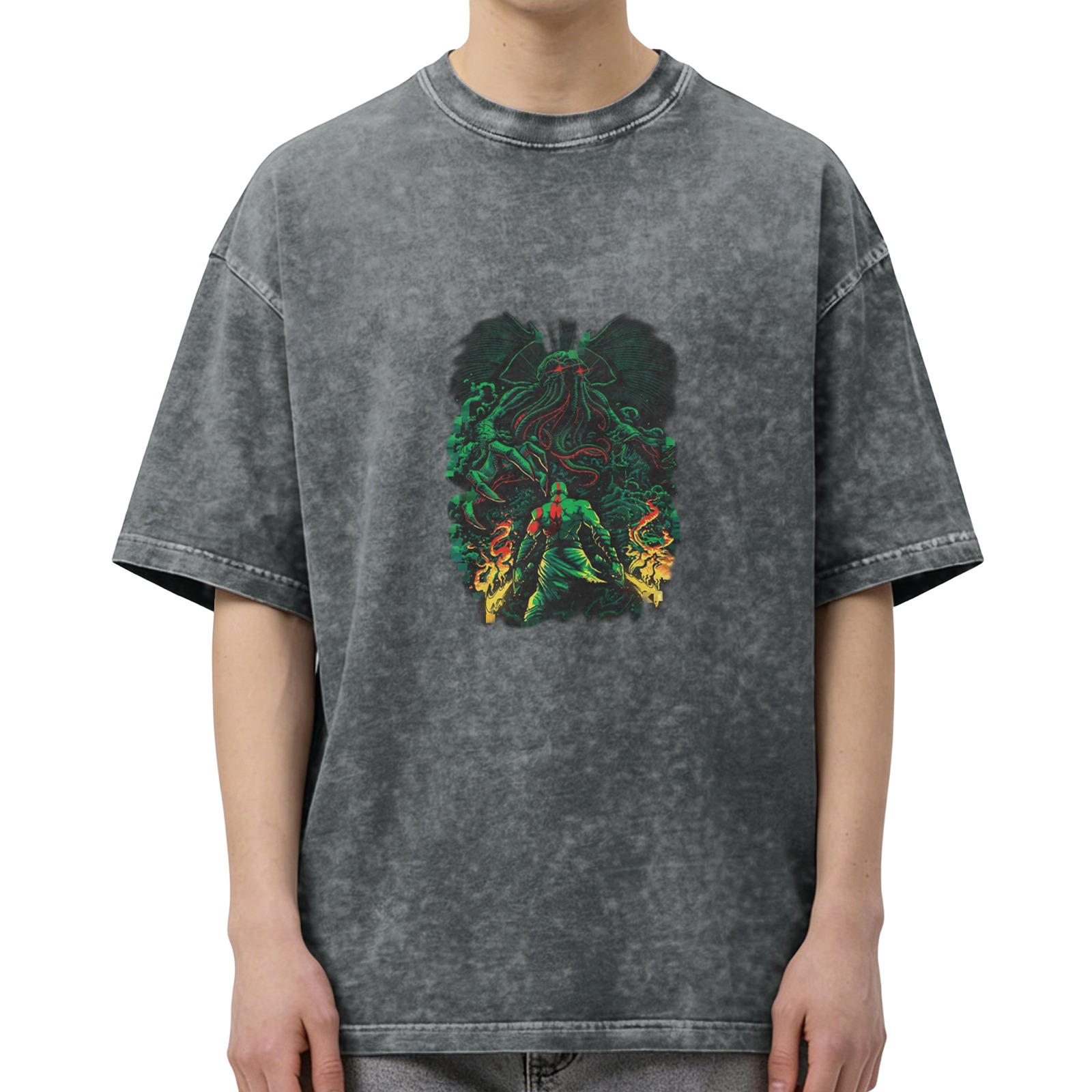 Oversized Acid Wash Graphic T-Shirt with Cthulhu and God of War Kratos Print, Dark Gray Distressed Short Sleeve Tee