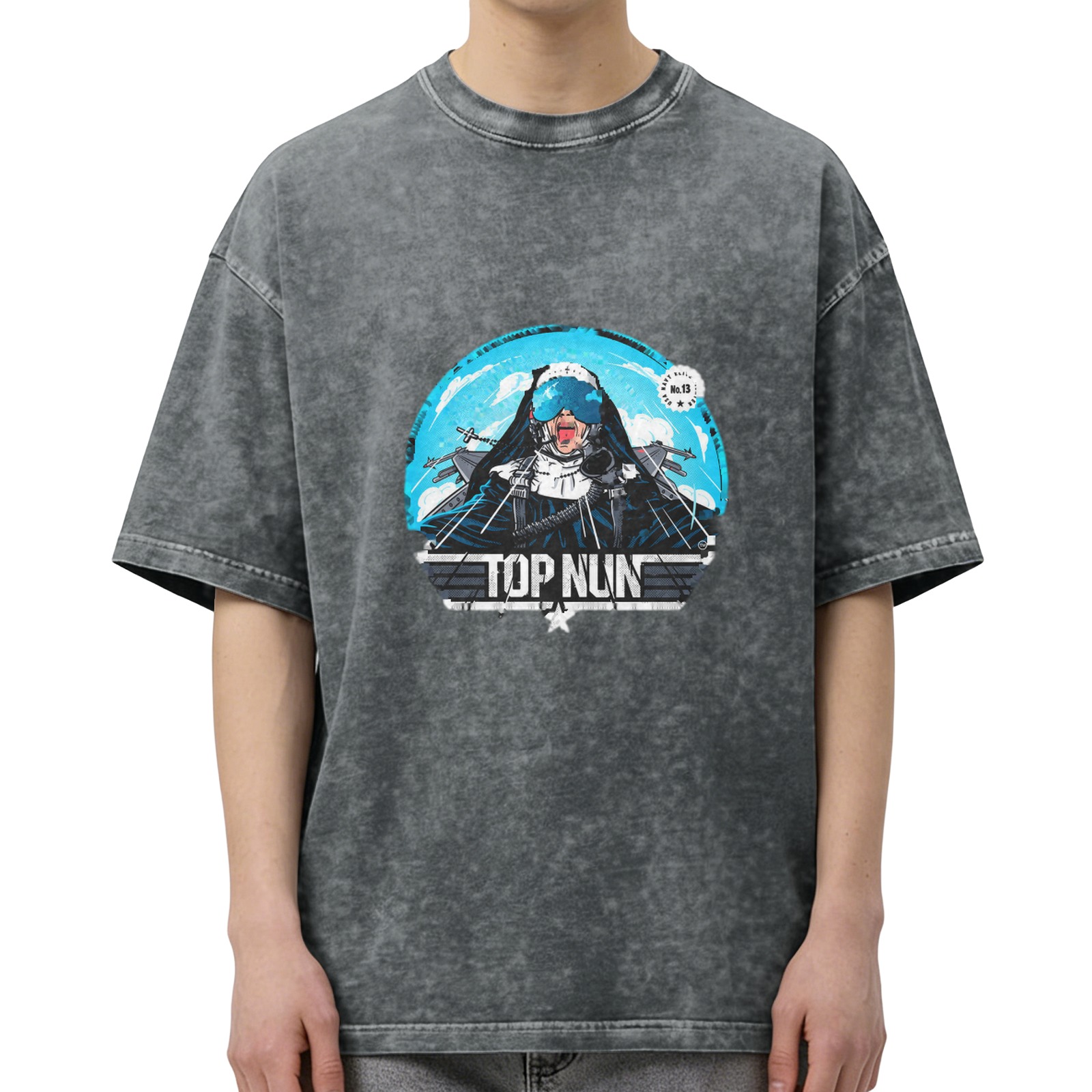 Oversized Dark Wash Graphic Tee With Top Nun Pilot Print