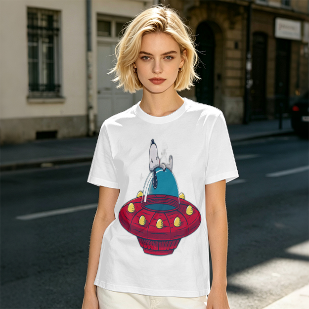 Olive T-Shirt Featuring Snoopy Relaxing in a Red UFO