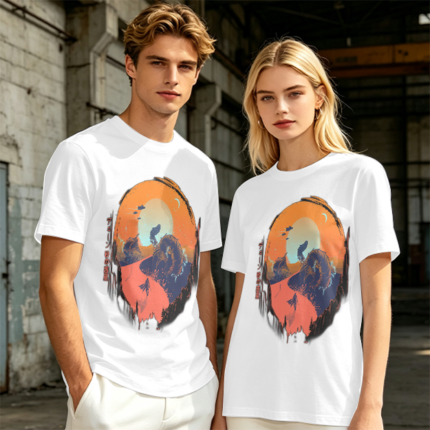 Olive T-Shirt with Sunset Mountain Wolf Silhouette Art Print