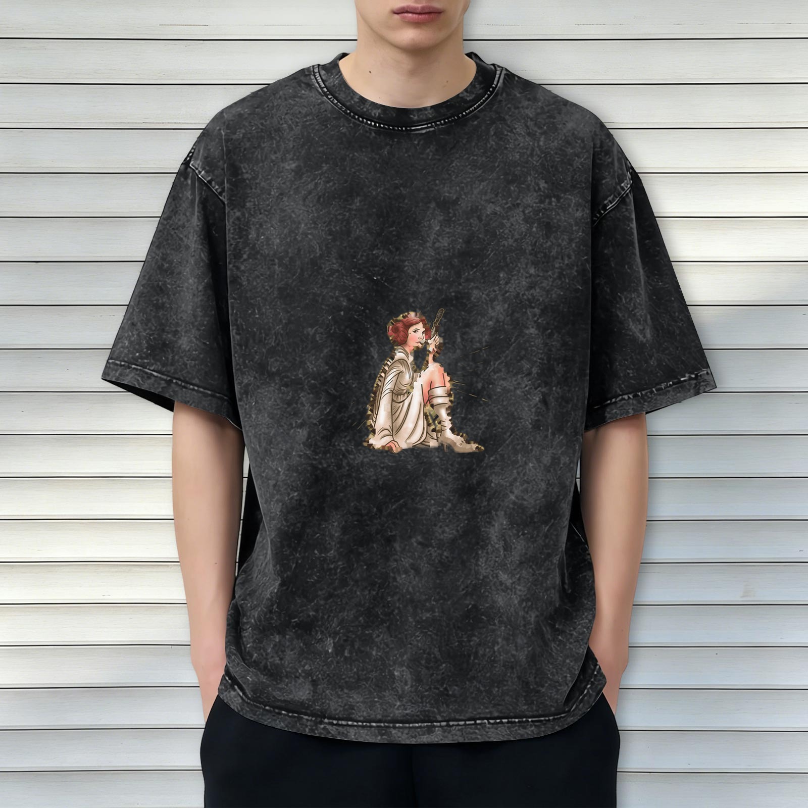 Washed Black Oversized T-Shirt With Princess Leia Graphic Print