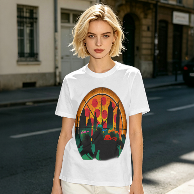 Olive T-Shirt With Ninja Turtles Pizza City Silhouette Print