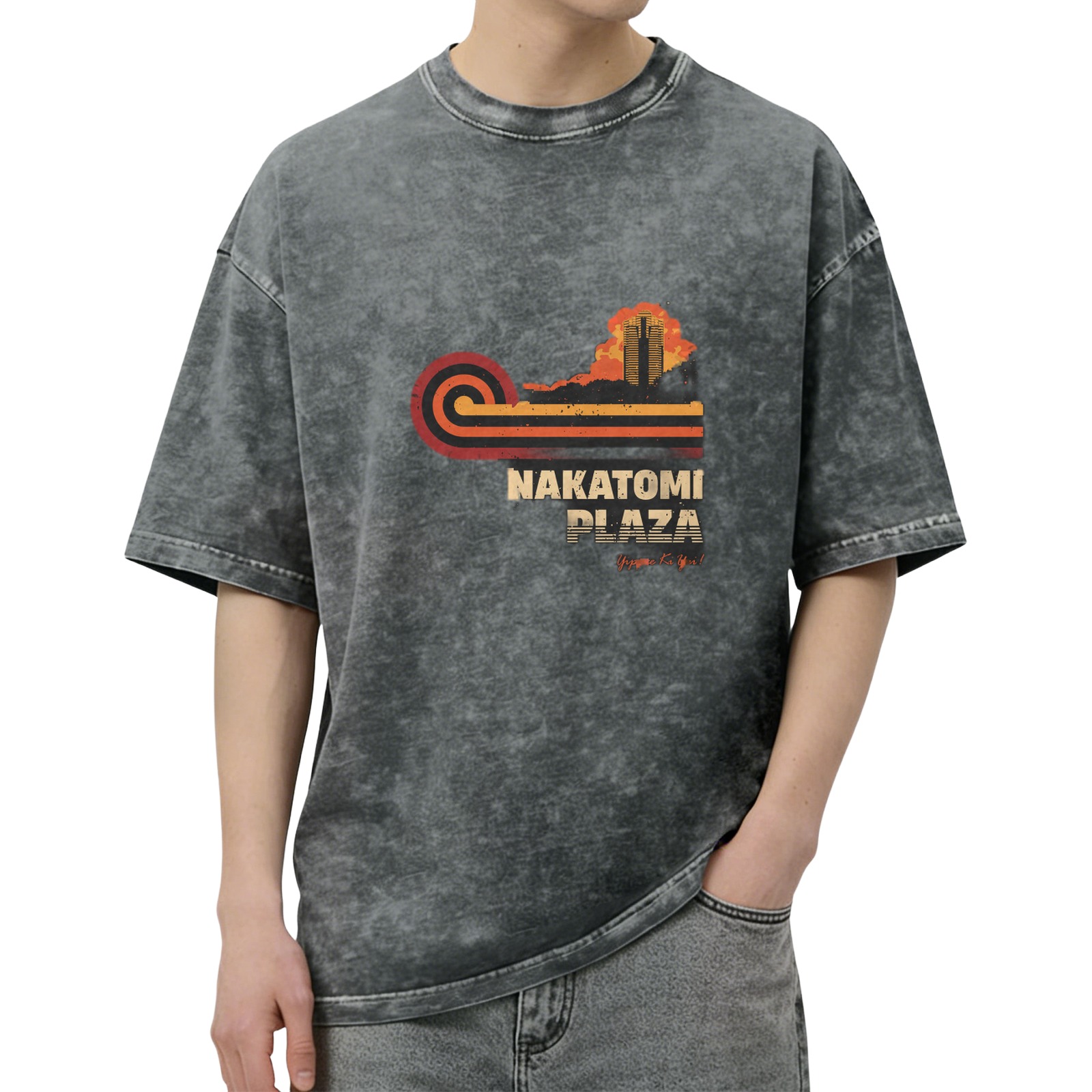 Nakatomi Plaza retro printed distressed washed black loose short-sleeved T-shirt