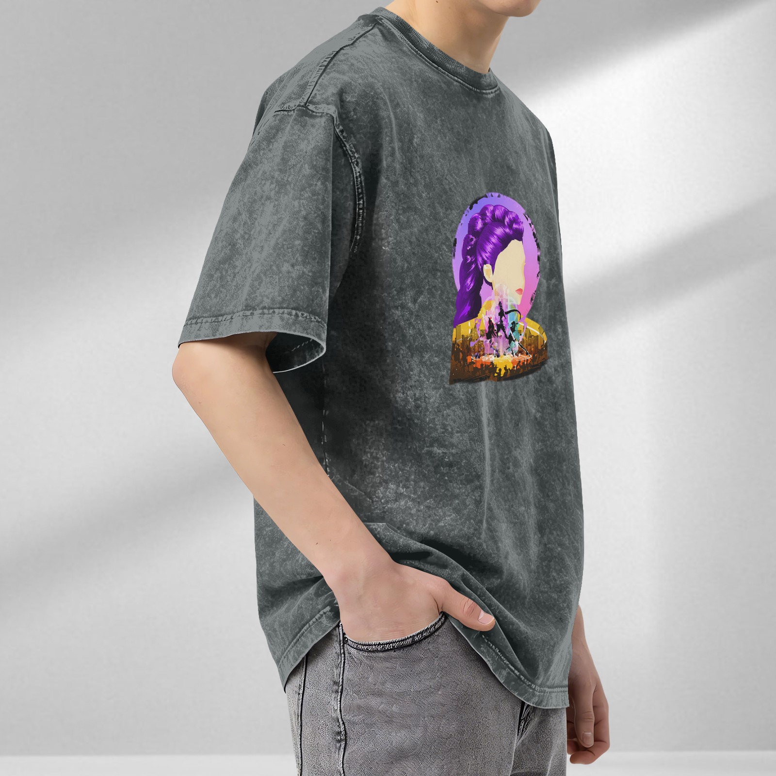 Oversized Acid Wash Graphic T-Shirt with Stylized Purple-Haired Woman Art Print