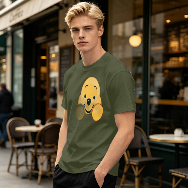Olive T-shirt with cute Winnie the Pooh face graphic