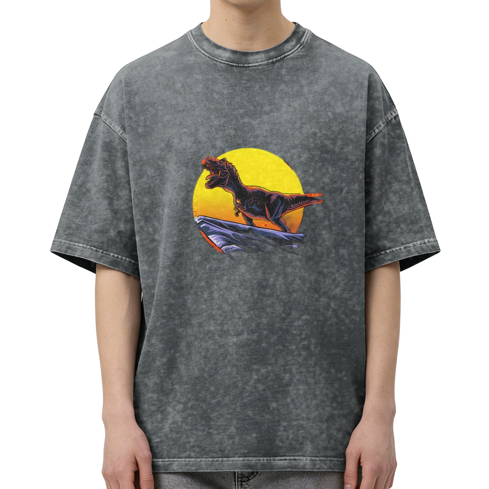Oversized Acid Wash T-Shirt with T-Rex Sunset Graphic