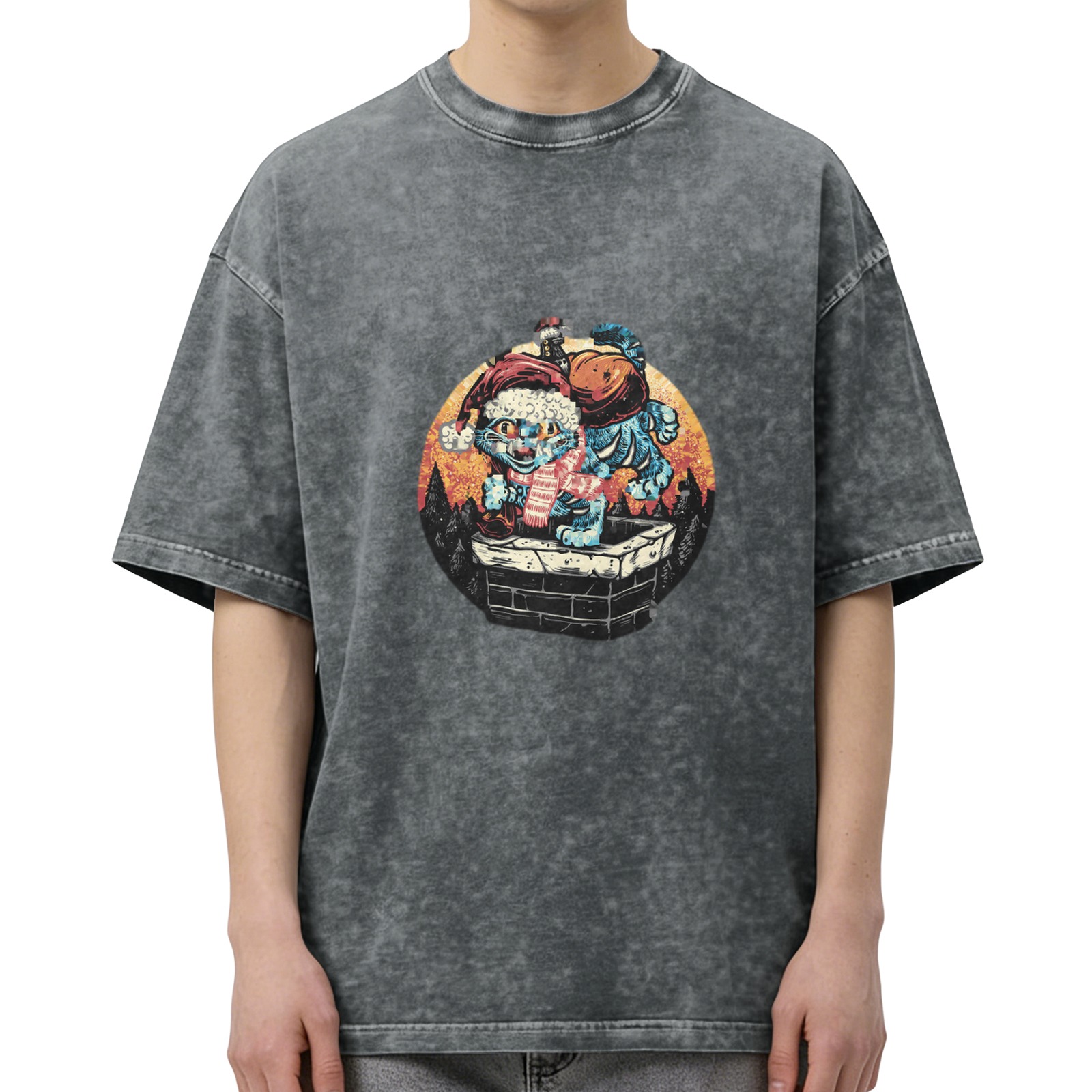 Vintage Christmas Cat Chimney Graphic Acid Wash T-Shirt