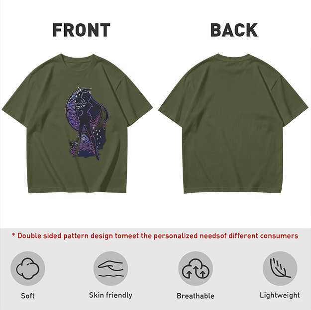Olive T-Shirt With Celestial Moon Girl Silhouette Graphic
