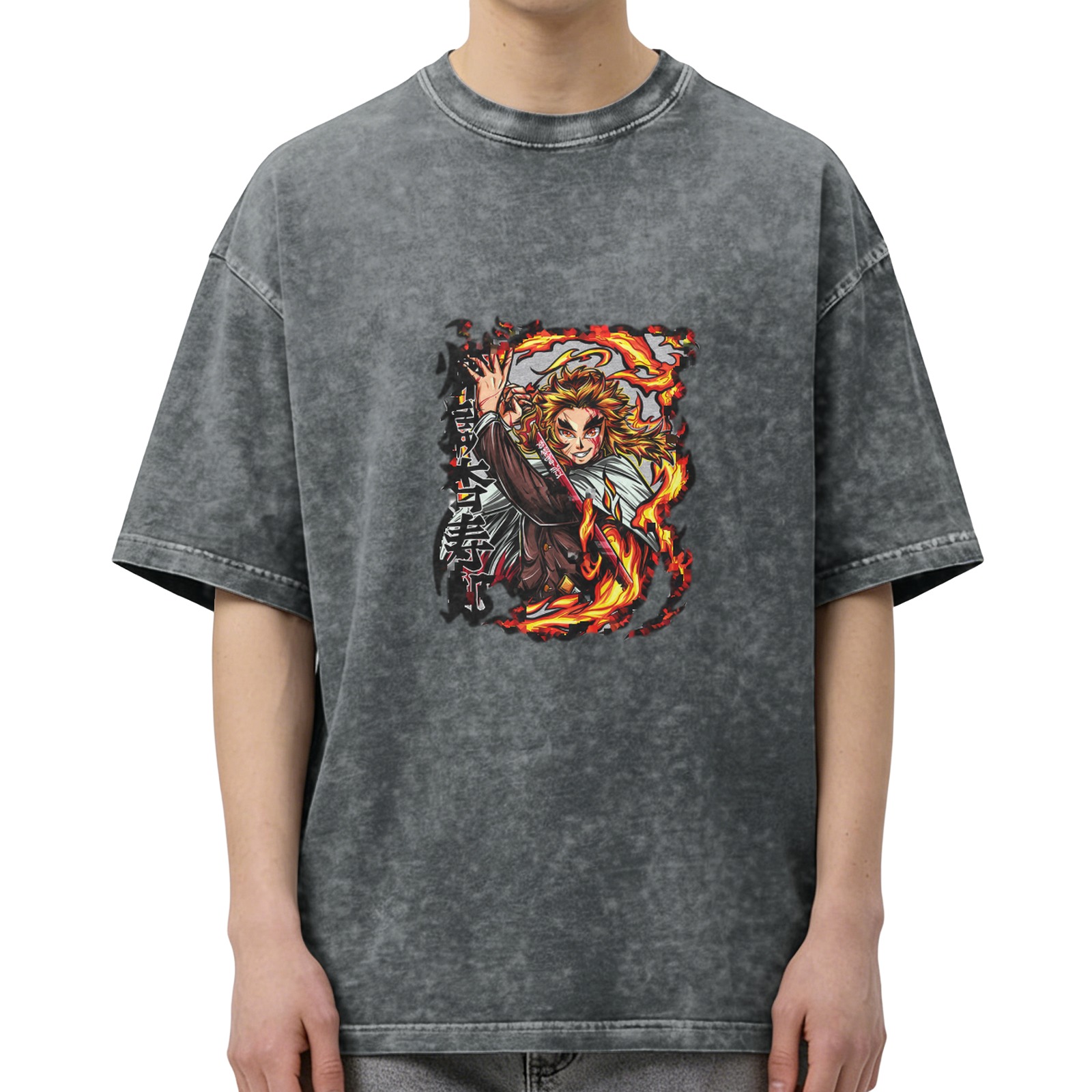 Demon Slayer: Kimetsu no Yaiba Purgatory Anjurou themed distressed washed short-sleeved T-shirt