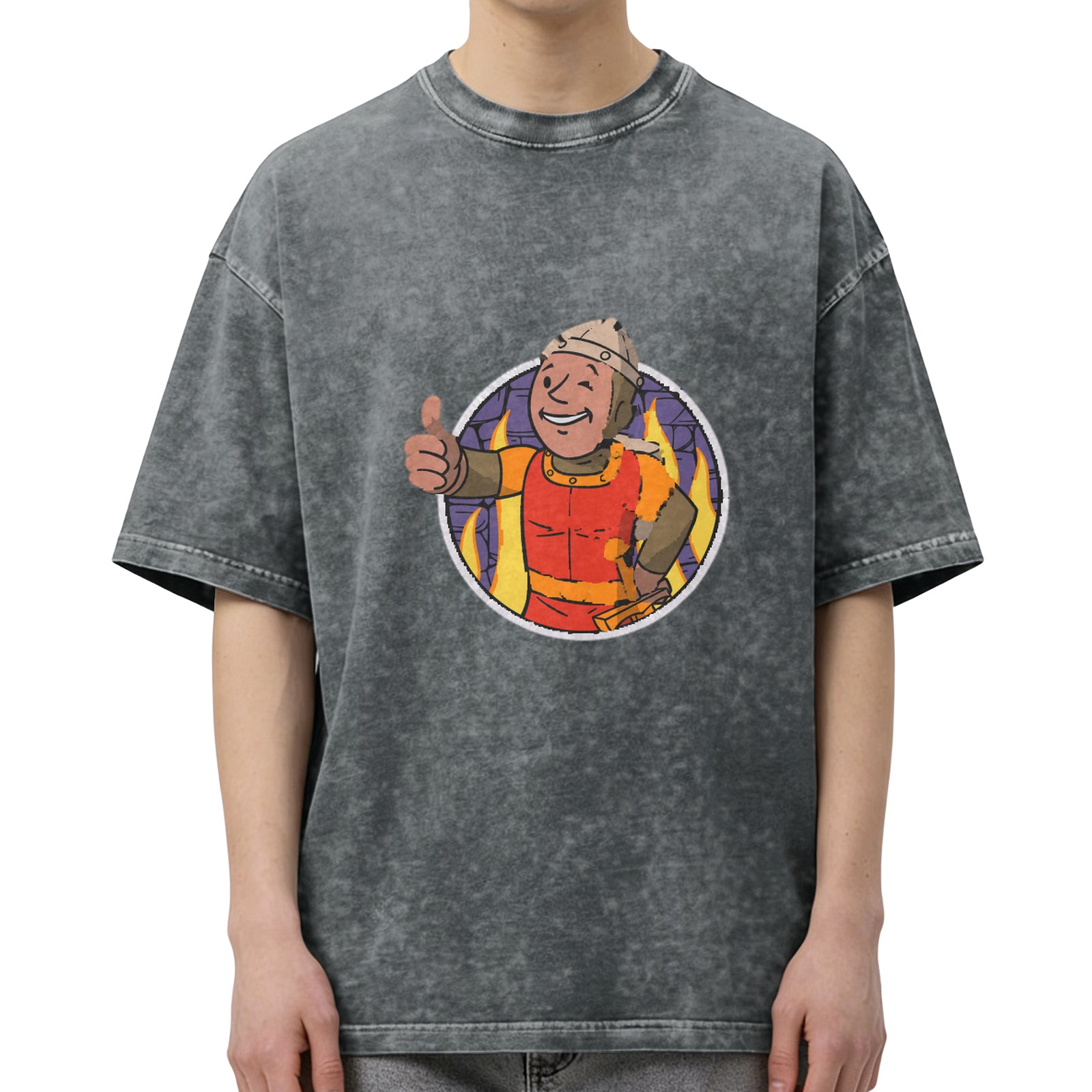 acid wash black t-shirt with cartoon fireman giving thumbs up graphic