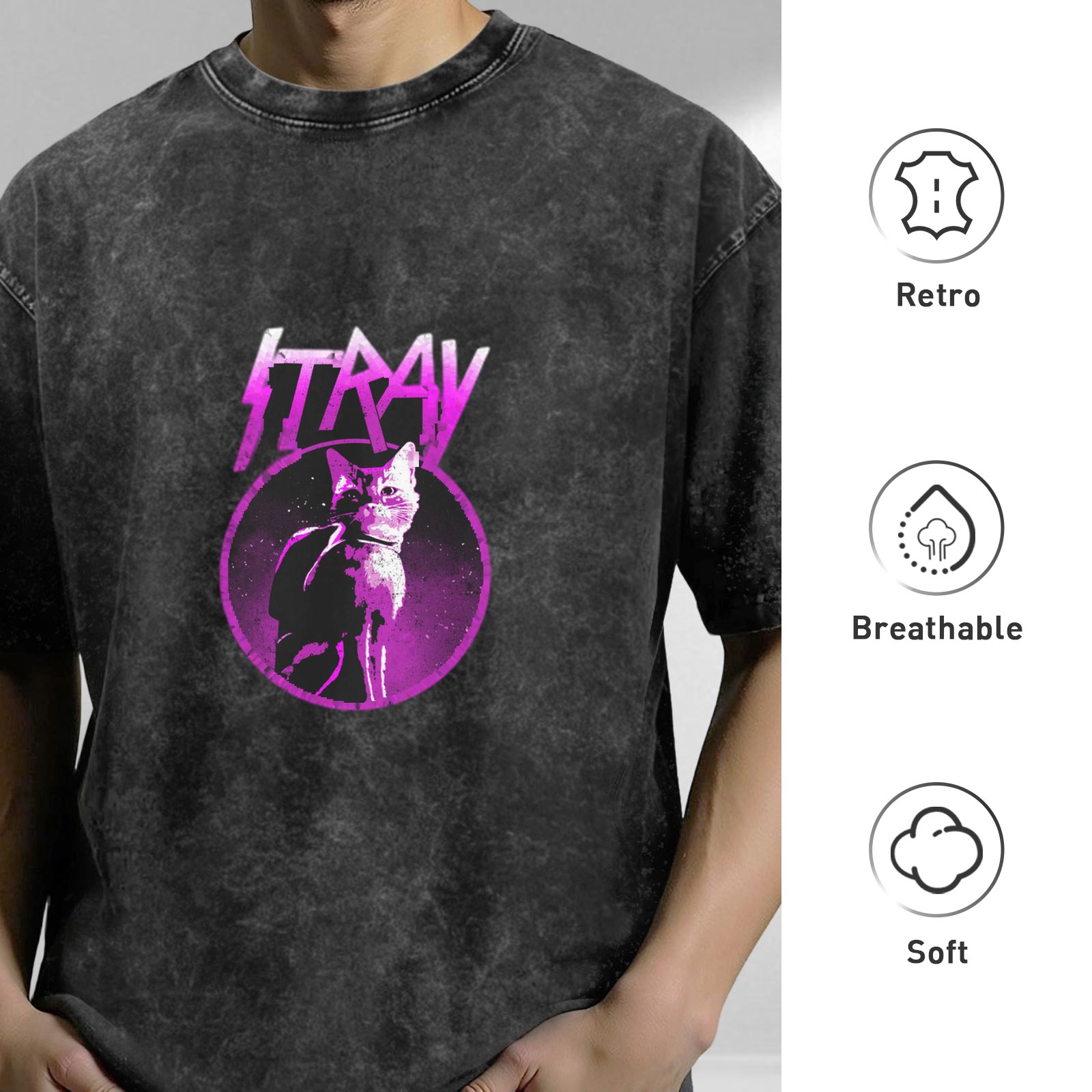 Stray Game Cat Graphic Acid Wash Black T-Shirt