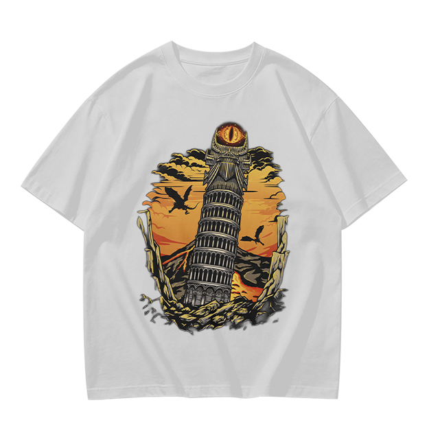 Ominous tower with eye and flying creatures graphic t-shirt