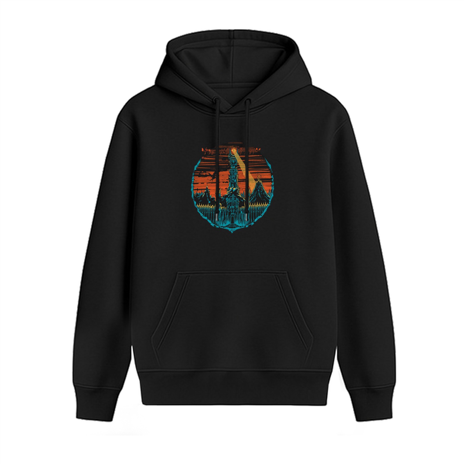 Black Hoodie with Fantasy Tower Sunset Landscape Graphic