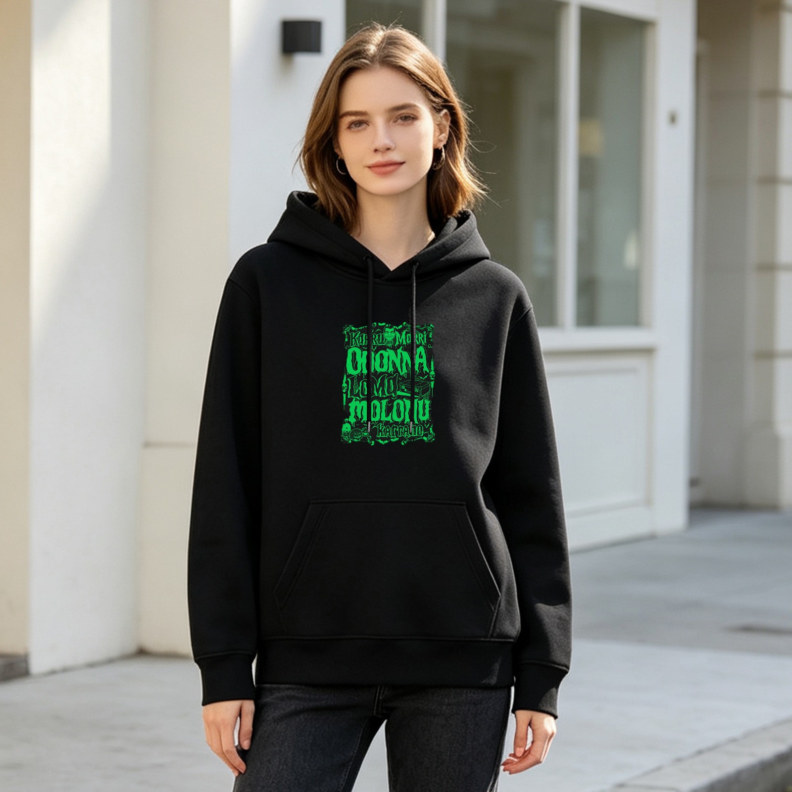 Black hoodie with bright green graphic text print