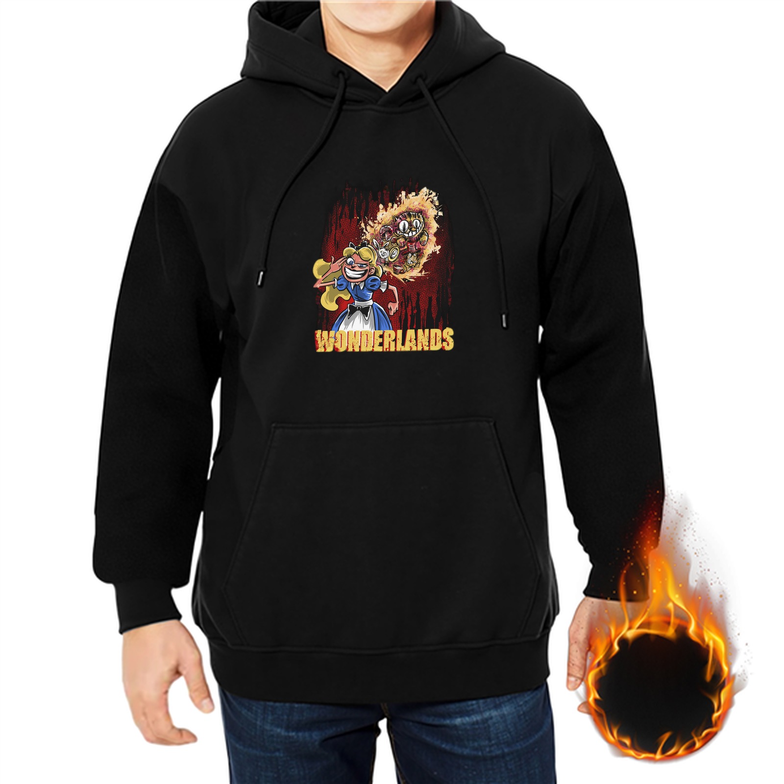 Black hoodie with twisted Alice in Wonderland 'Wonderlands' graphic print