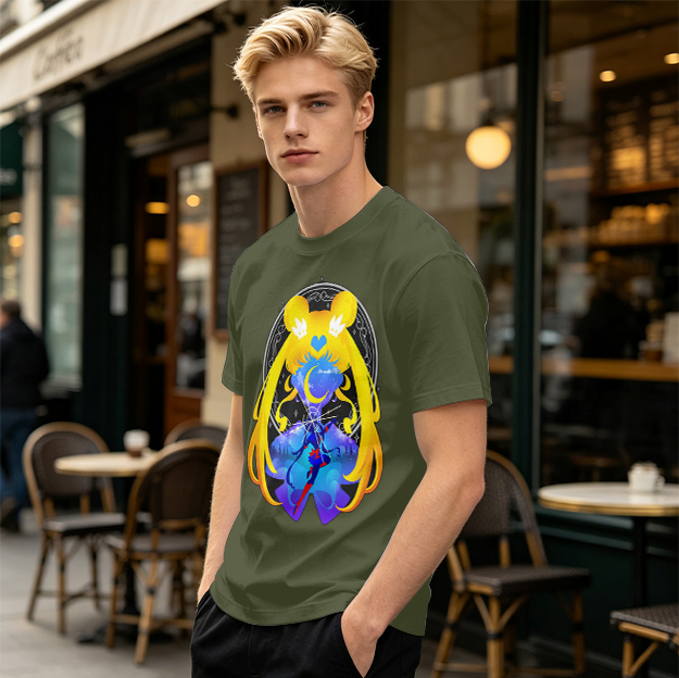 Olive T-Shirt with Sailor Moon Themed Graphic Print