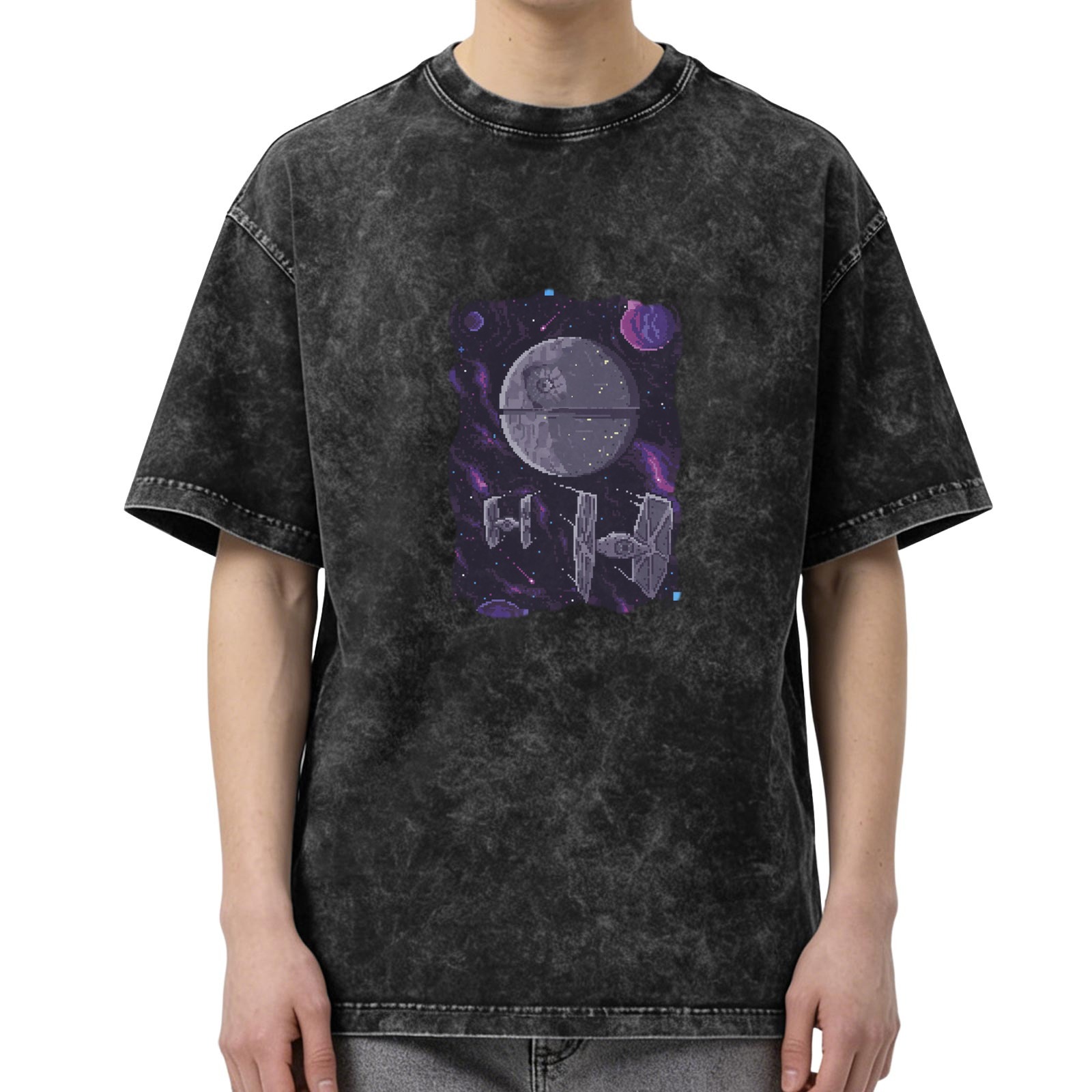 Star Wars themed pixel wind Death Star TIE fighter print old washed black loose short-sleeved T-shirt
