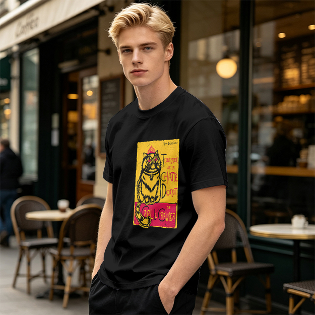 Olive T-shirt with a whimsical cat graphic print