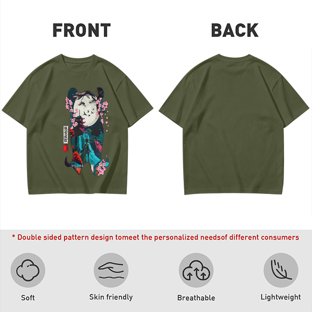 Olive T-shirt with Japanese-inspired moon and cherry blossom graphic