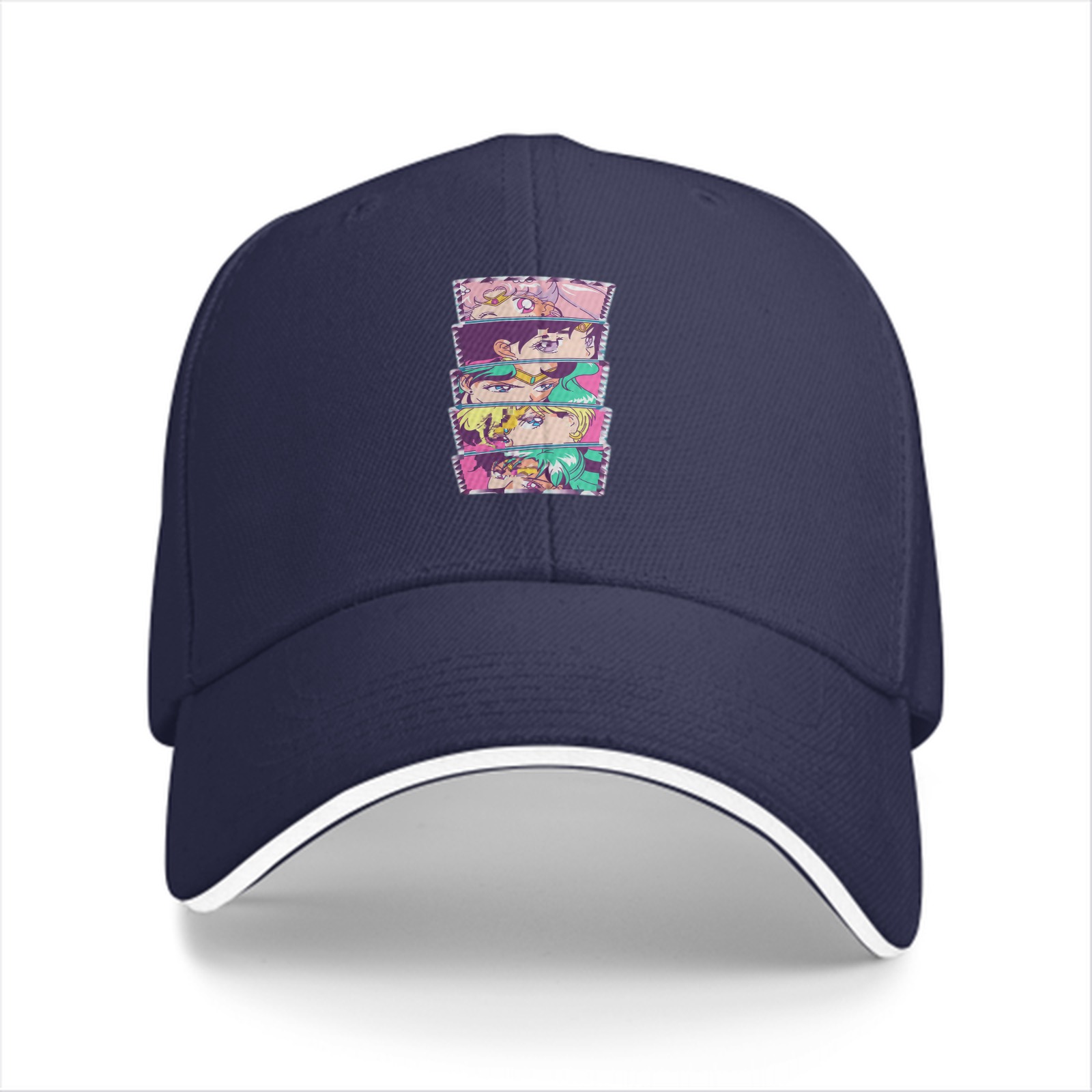 Black Baseball Cap with Anime Character Face Stack Print