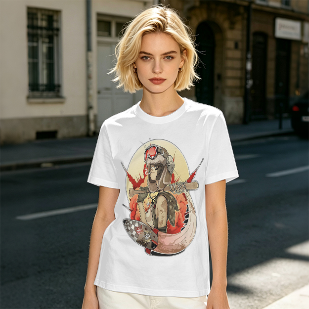 Olive T-Shirt with Retro Military Pilot Girl Graphic Print