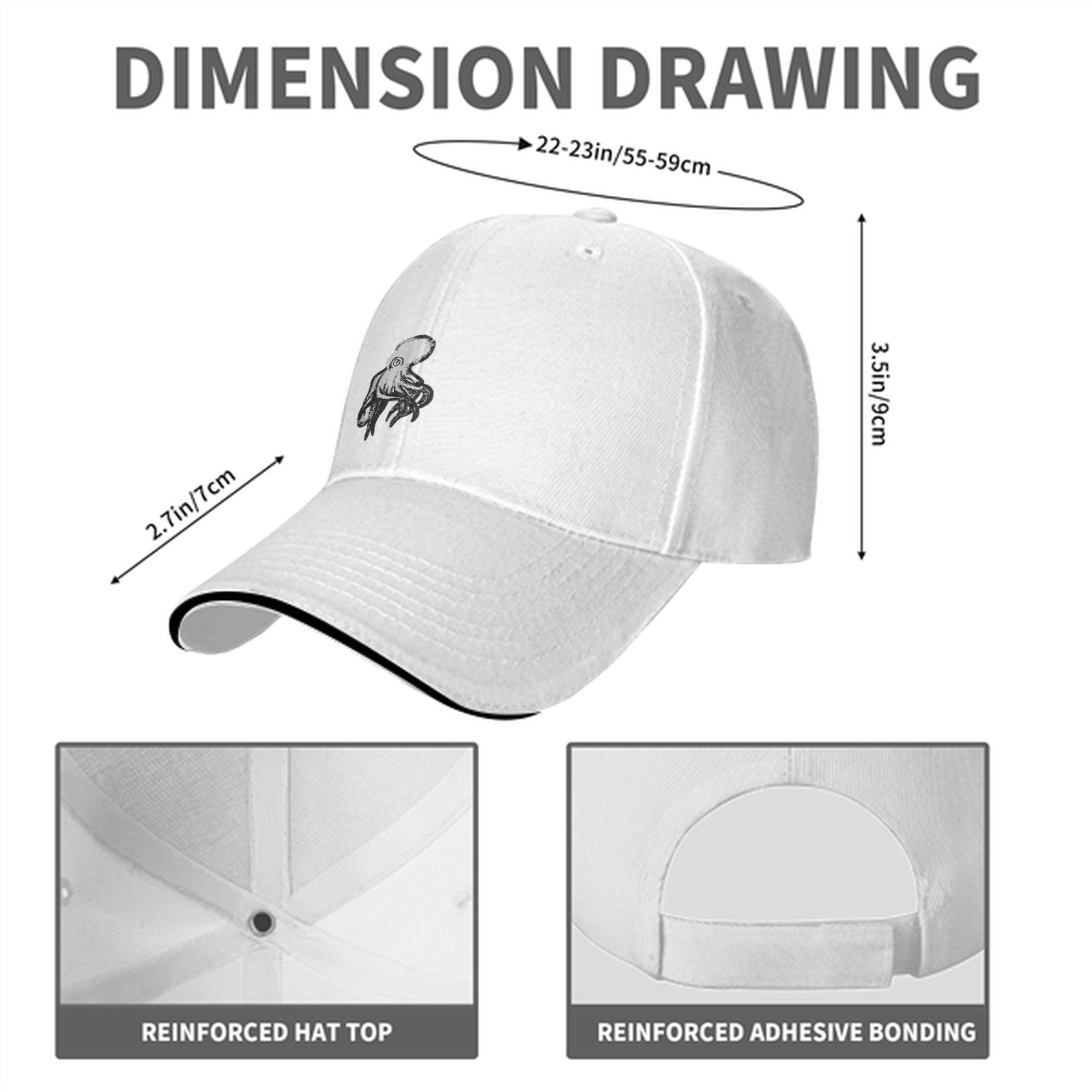 Black baseball cap with white octopus graphic design