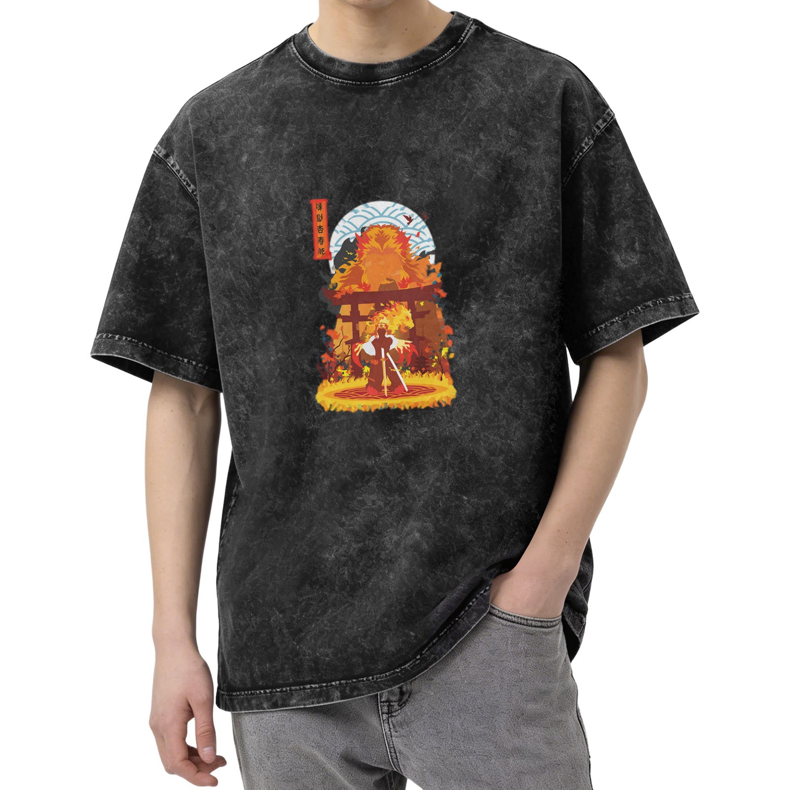 Distressed washed black flame warrior graphic short-sleeved T-shirt