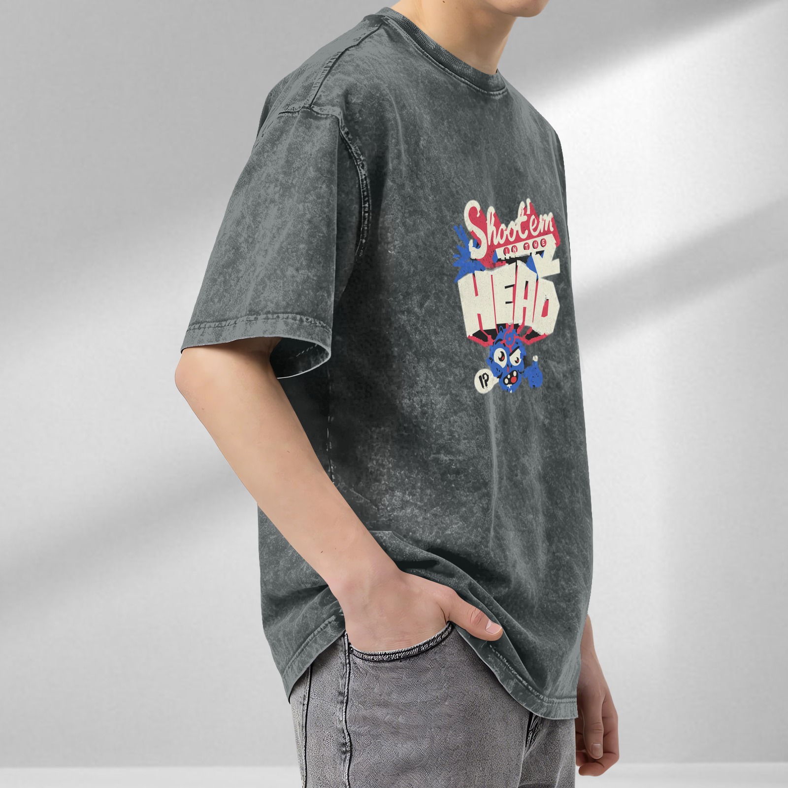 Oversized Acid Wash T-Shirt With Shoot Em In The Head Graphic