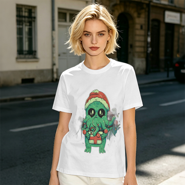 Olive Green T-Shirt With Cute Christmas Cthulhu Graphic