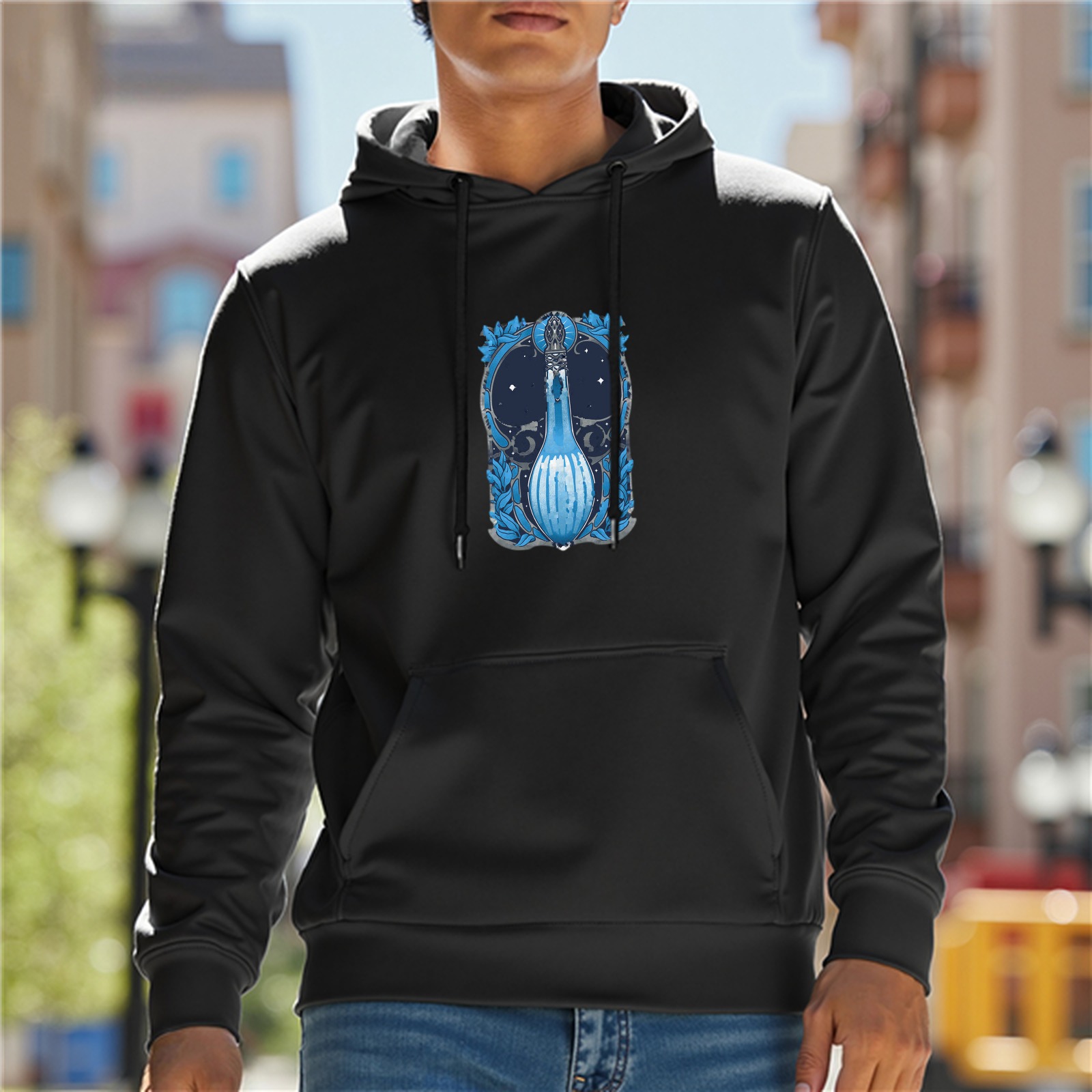 Black hoodie with blue magical potion bottle graphic
