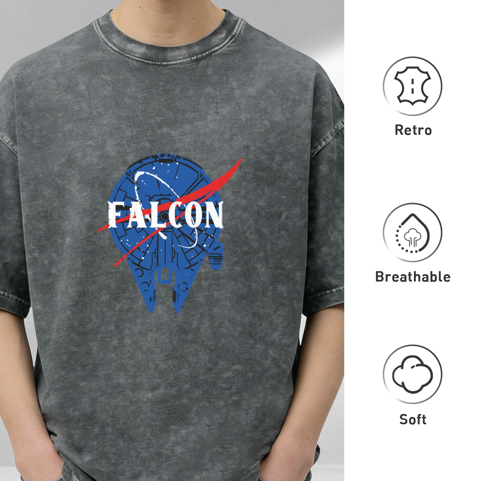 Distressed black Star Wars Millennium Falcon NASA style printed short-sleeved T-shirt Loose washed crew neck top