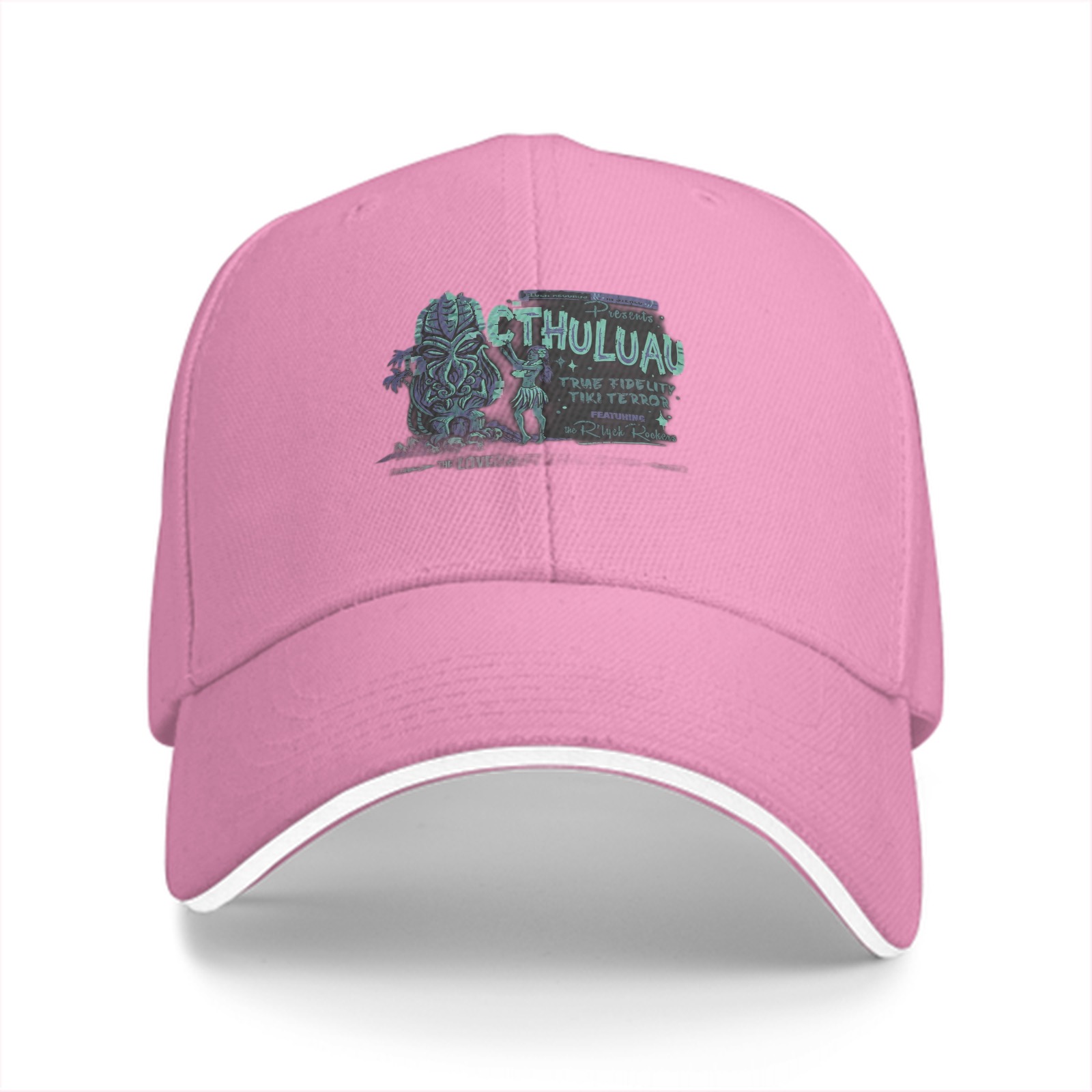 Black baseball cap with Cthuluau tiki monster graphic print
