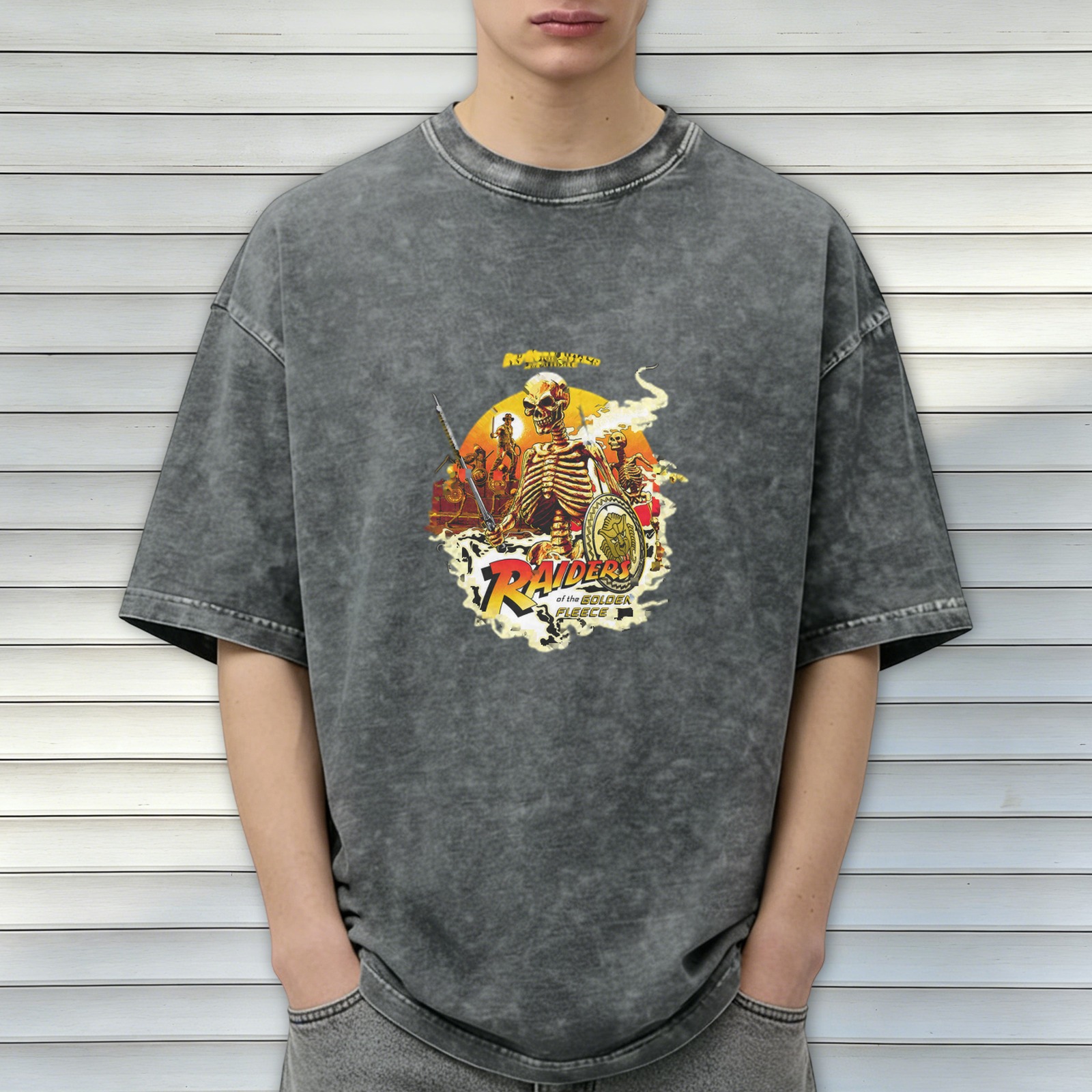 Washed Black Graphic T-Shirt with Raiders of the Golden Fleece Skeleton Print