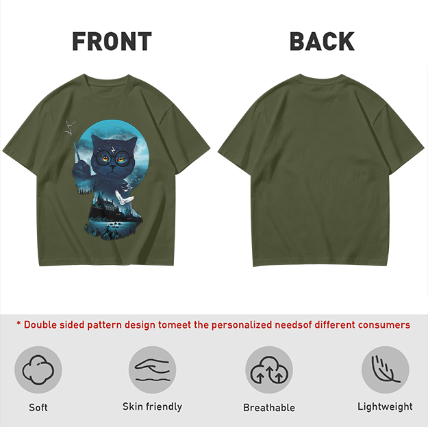 Olive T-shirt with Harry Potter themed wizard cat graphic