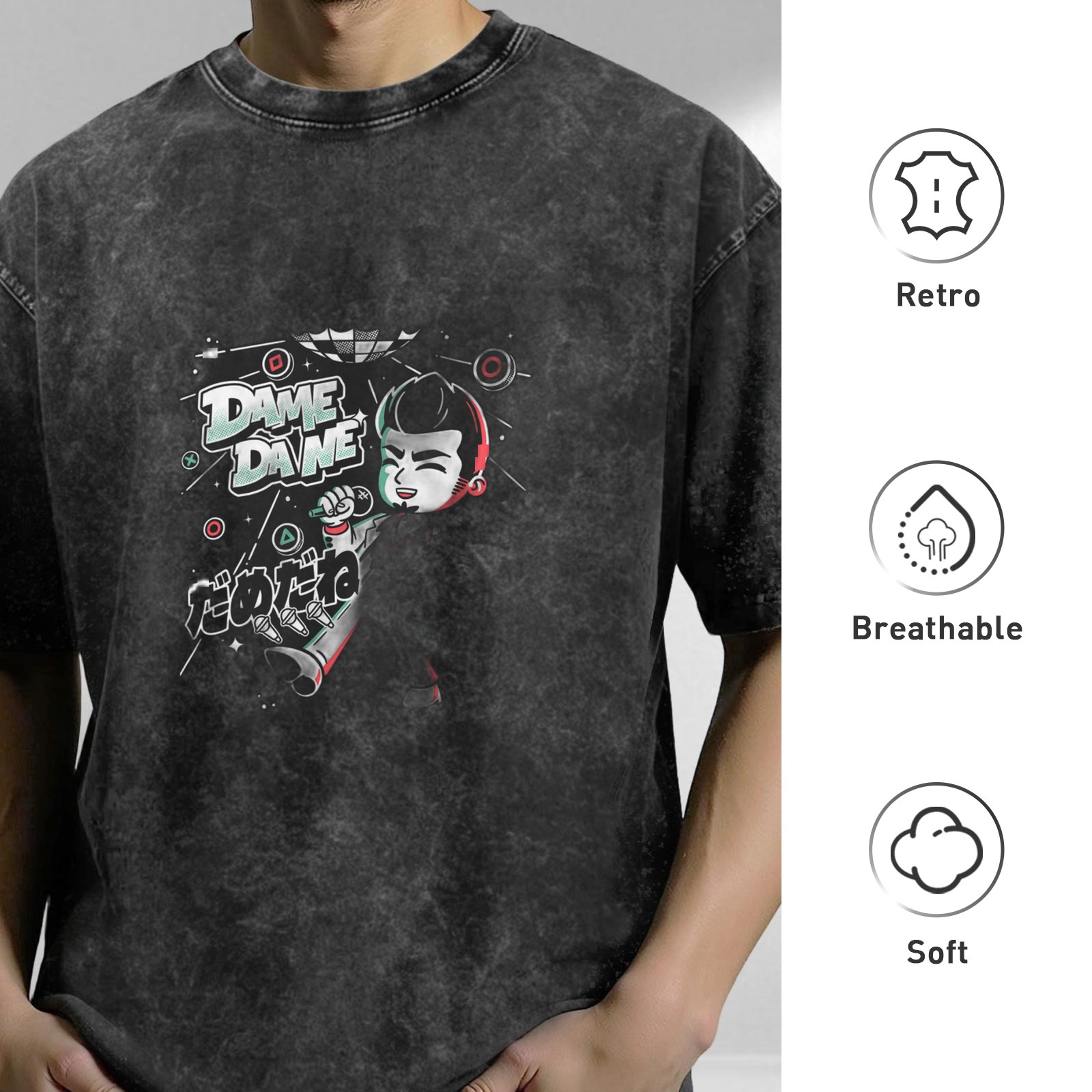 Washed black graphic t-shirt with Dame Dane anime-style print