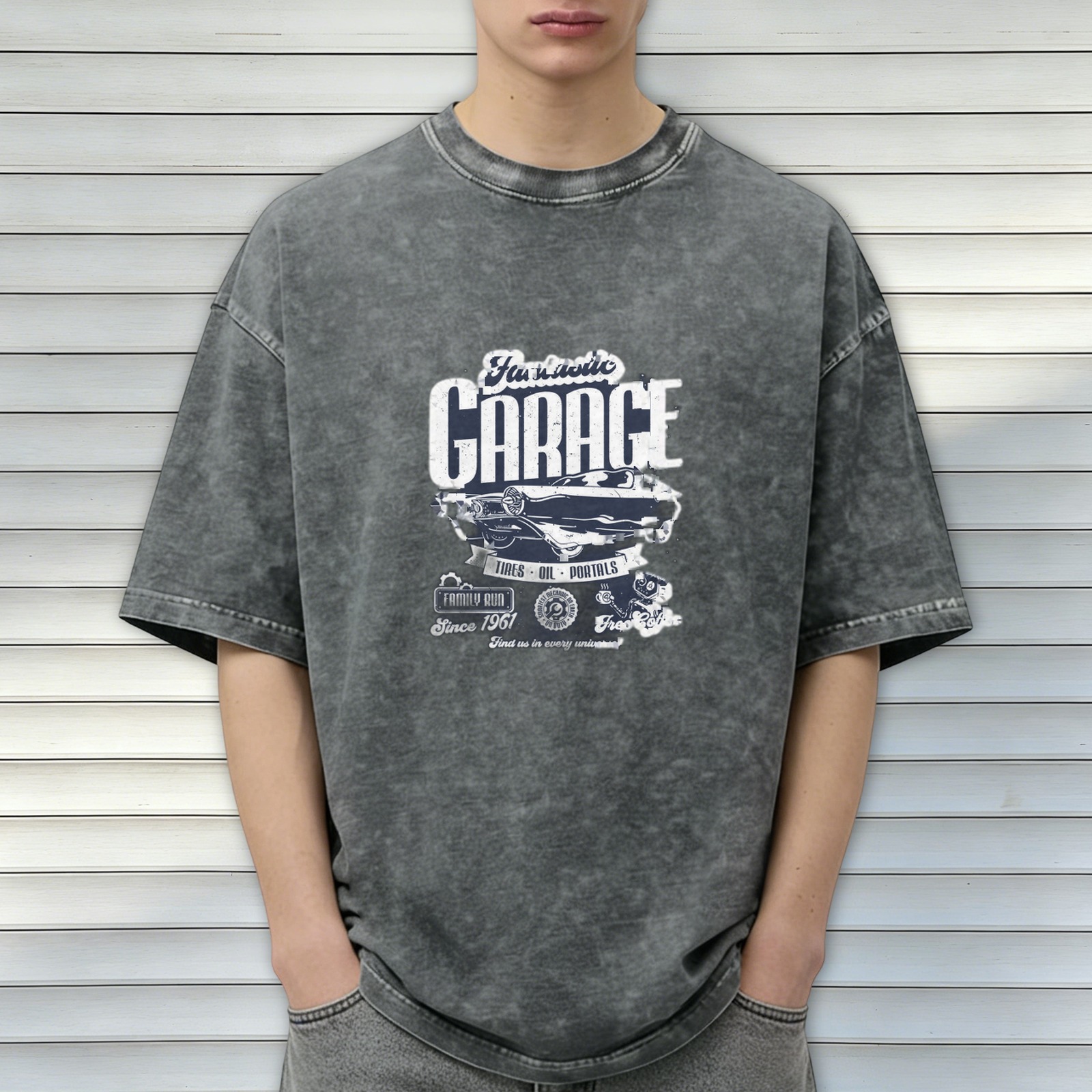 Vintage Washed Graphic T-Shirt with Garage and Classic Car Print