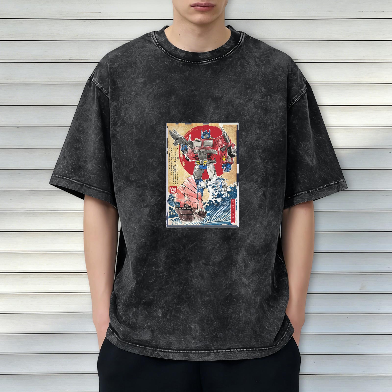 Washed Black T-Shirt with Transformers Ukiyo-e Style Graphic