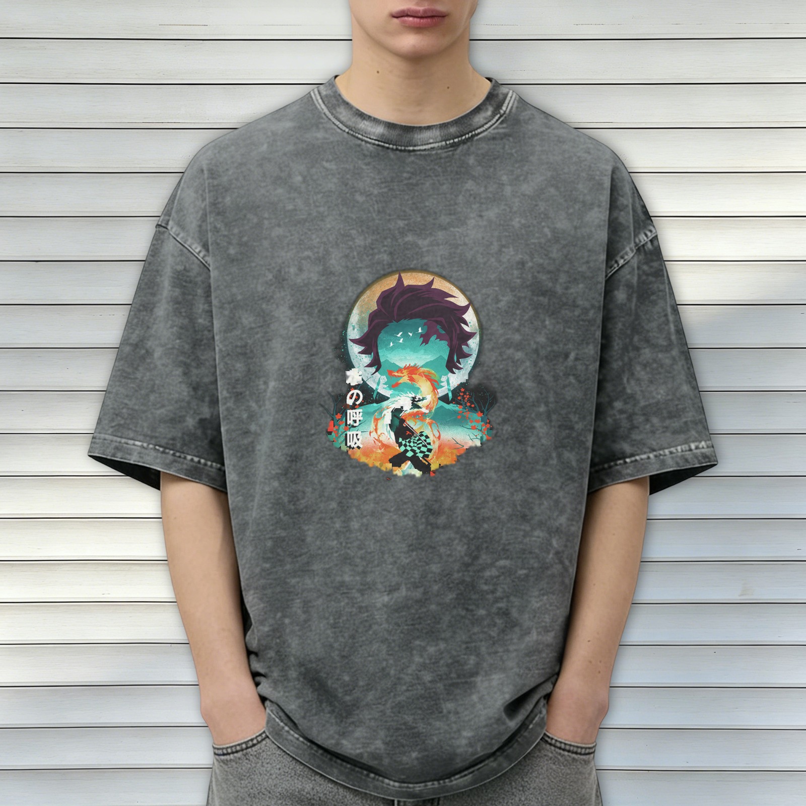 Demon Slayer Tanjiro Water Breathing Anime Graphic Oversized Acid Wash T-Shirt