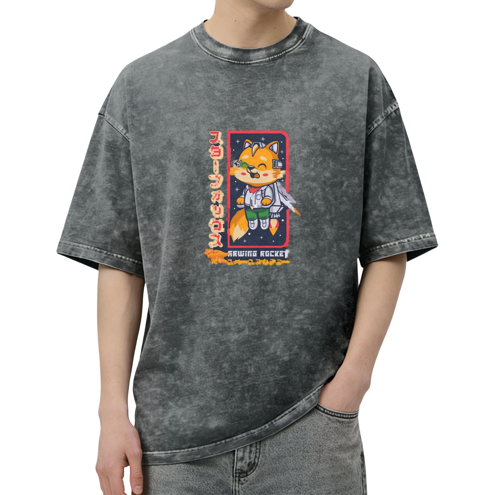 Washed black graphic t-shirt with cartoon space fox and rocket design