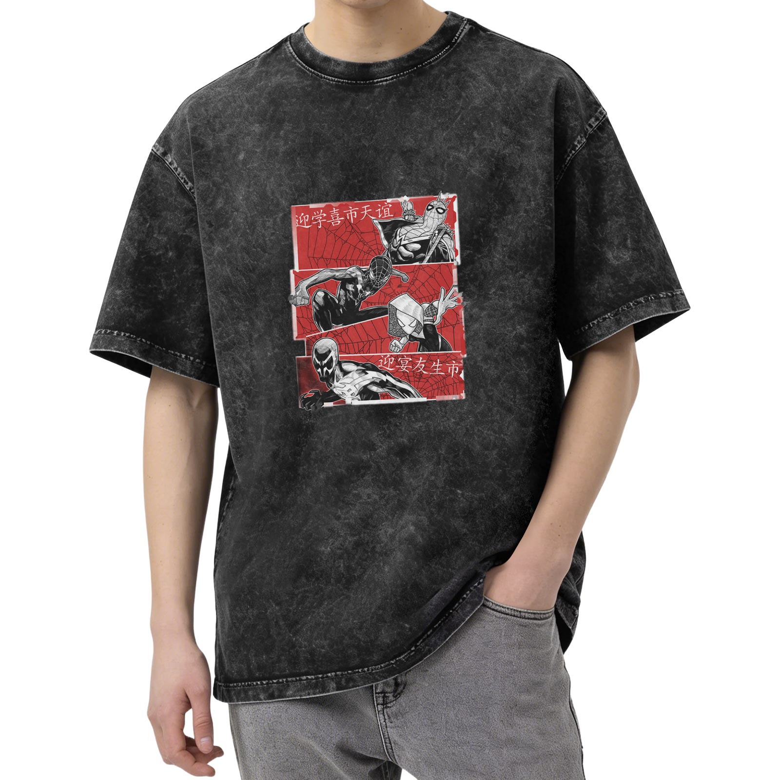 Oversized Spider-Verse Graphic T-Shirt with Red Panels