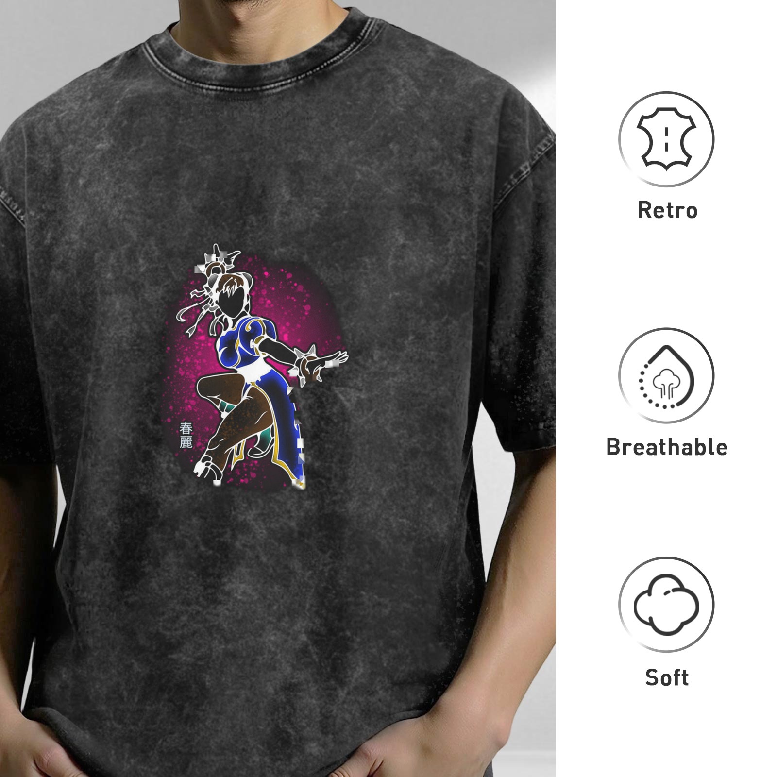 Oversized Acid Wash T-Shirt With Chun-Li Graphic Print