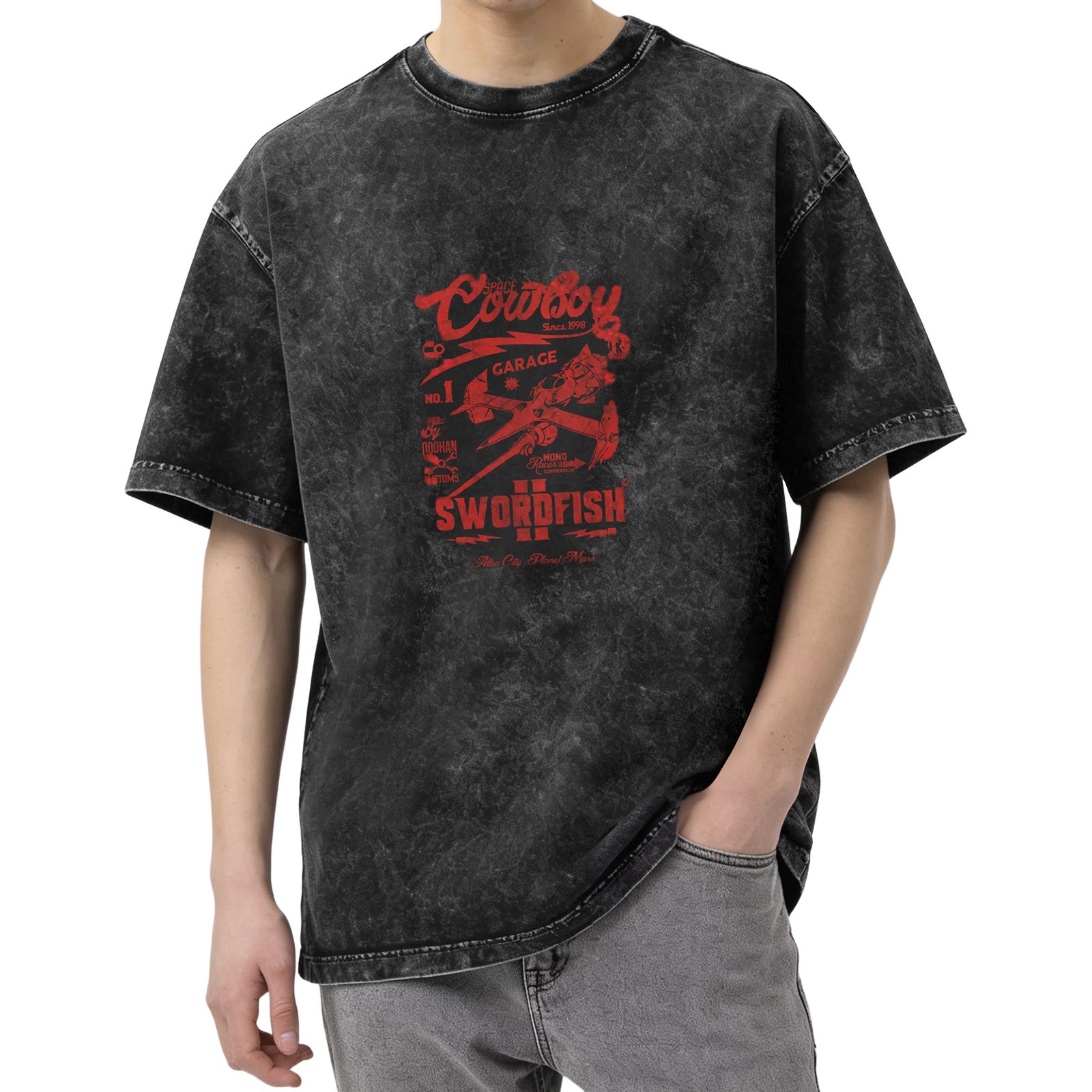 Distressed washed black round neck short-sleeved T-shirt Cowboy Bebop theme Swordfish II print loose casual top