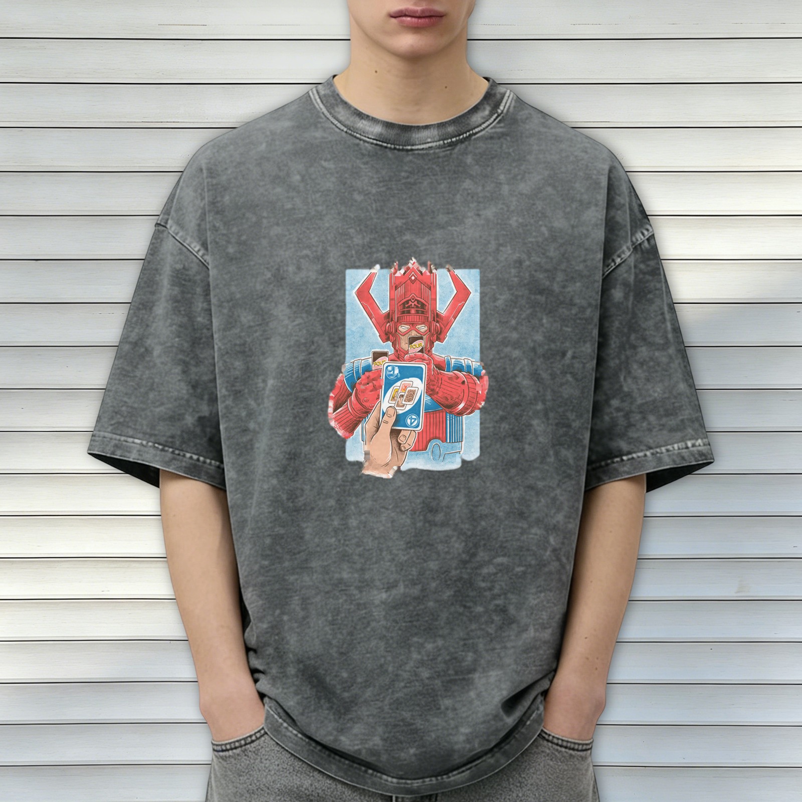 Galactus holding Uno card graphic on acid wash t-shirt