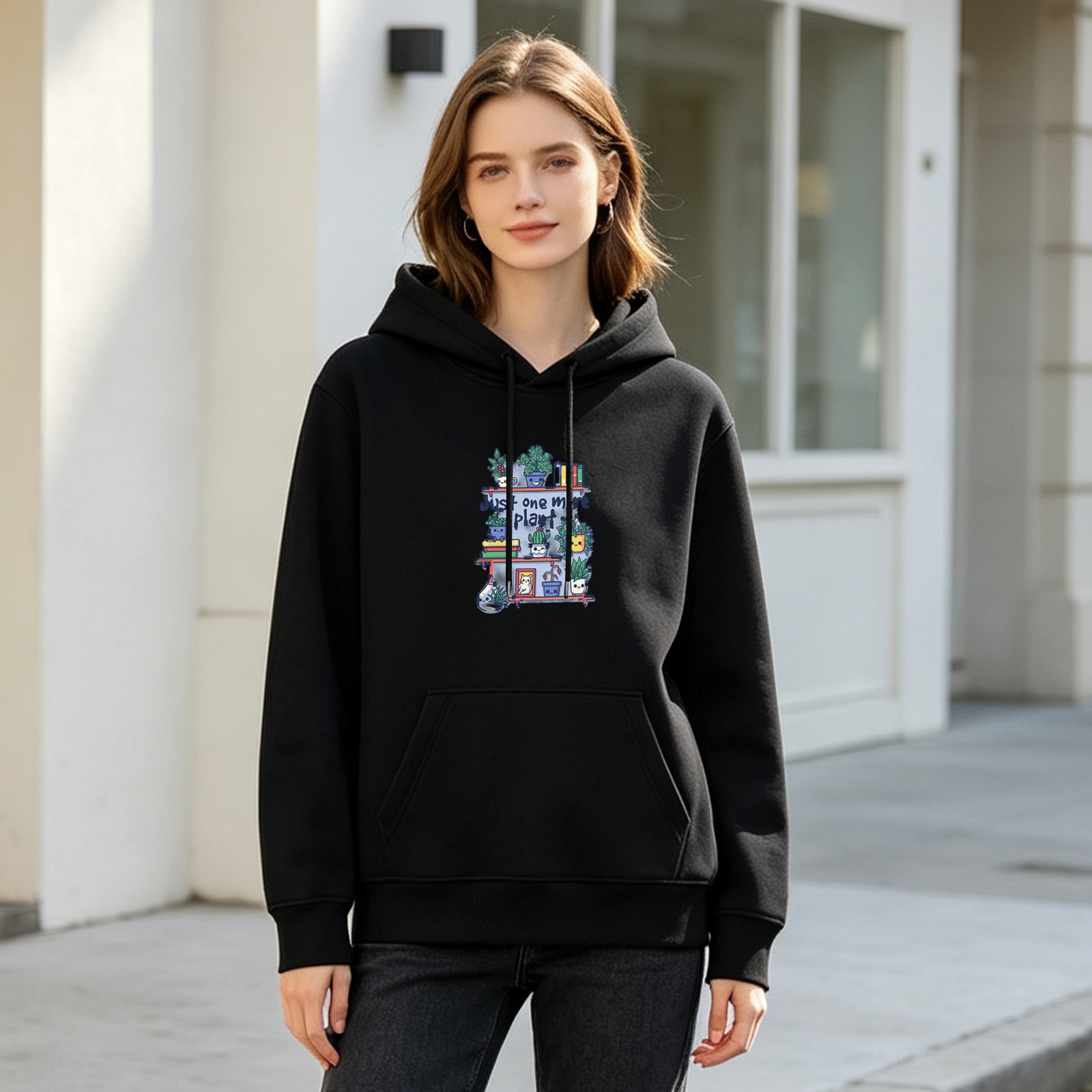 Black Hoodie With Plant Shelf Graphic That Says Just One More Plant
