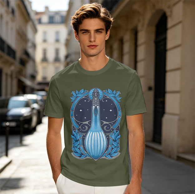 Olive T-Shirt With Art Nouveau Celestial Lute Graphic Print