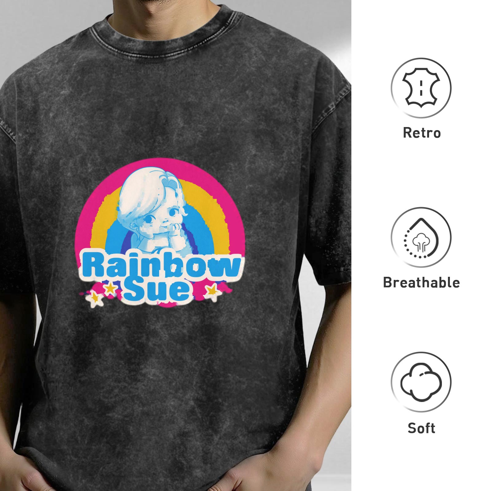 Oversized Dark Wash T-Shirt With Rainbow Sue Graphic Print
