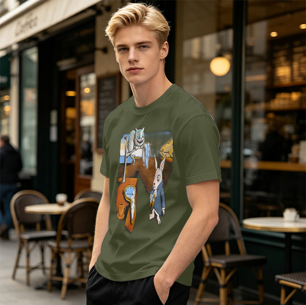 Olive T-Shirt with Surreal Alice in Wonderland Art Print