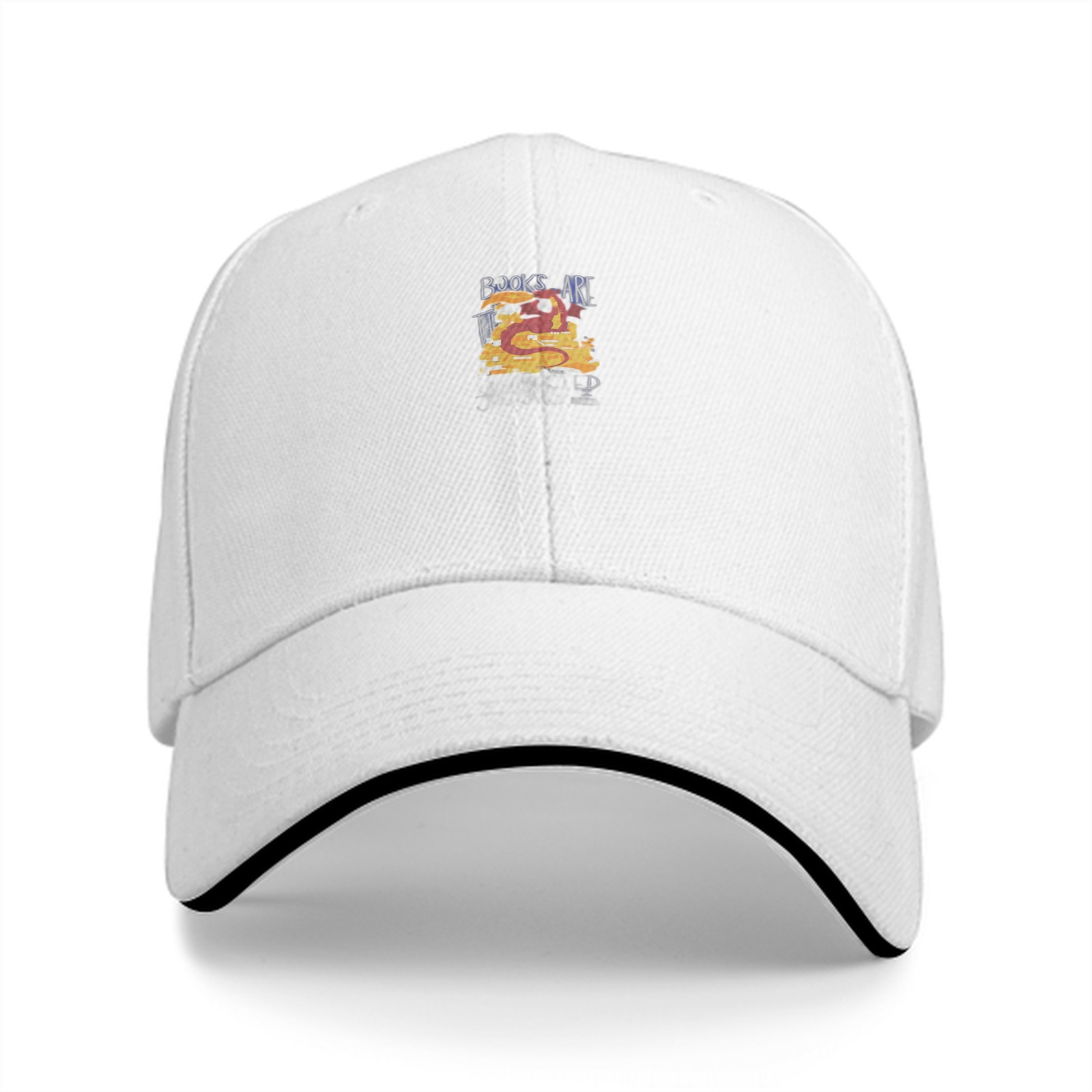 Black baseball cap with 'Books Are Treasure' dragon graphic
